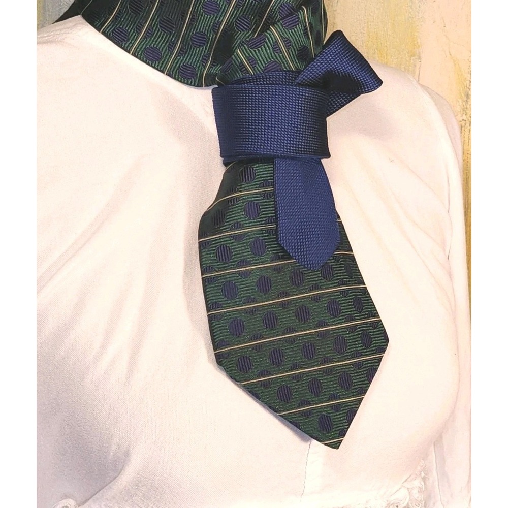 OS Neck Tie Blue Green Geometric Silk Excellent